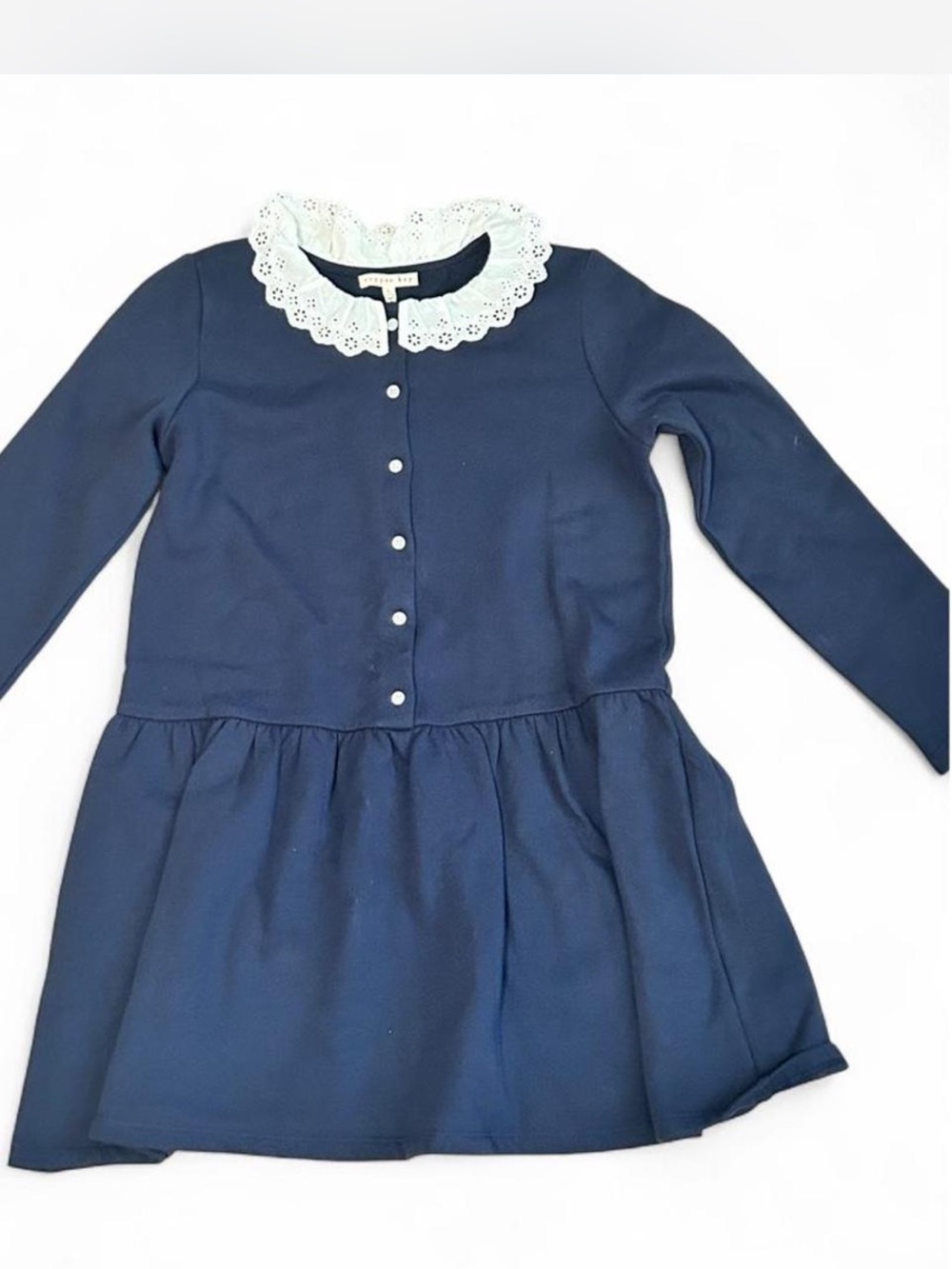 Copper Key Navy Dress with White Eyelet Collar